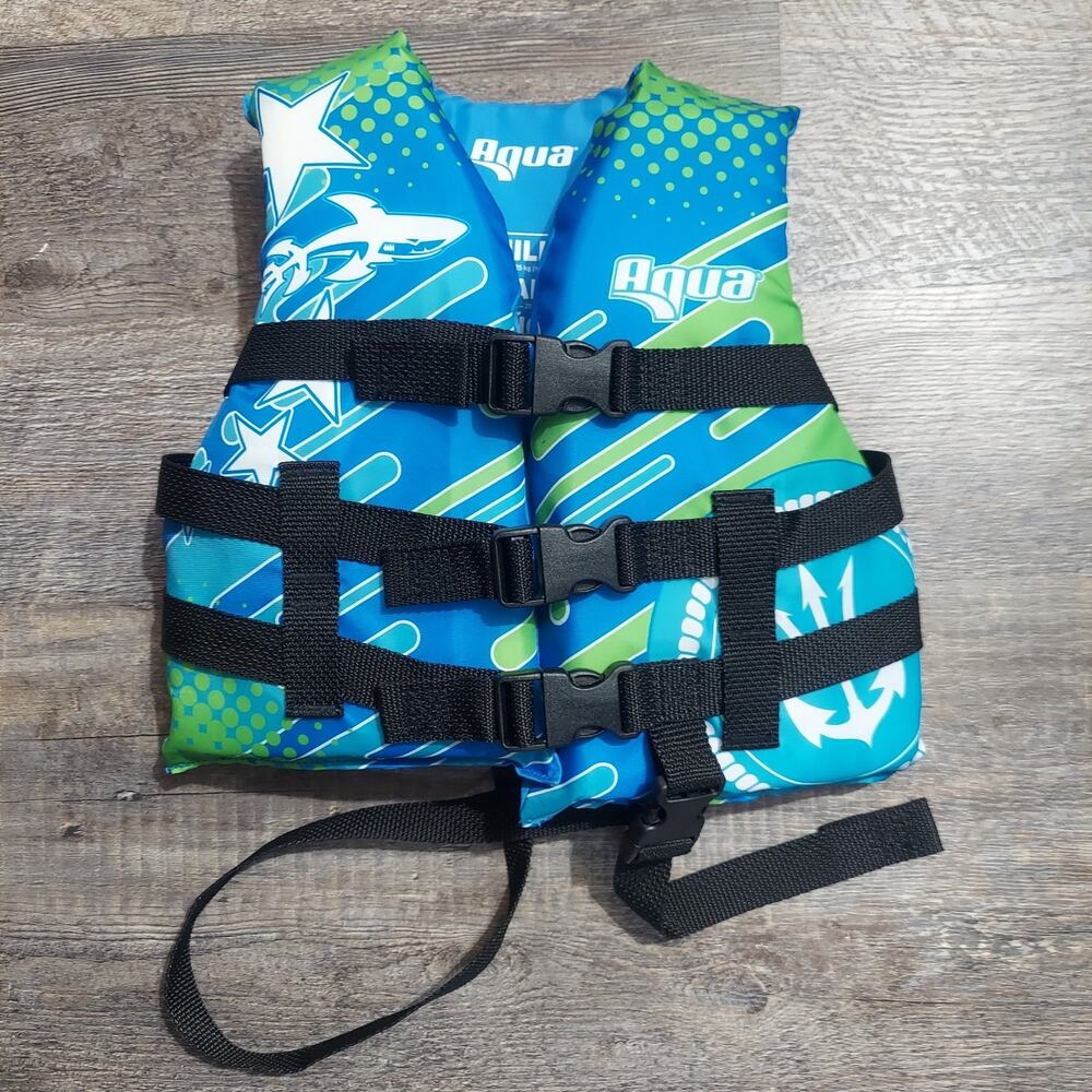 Aqua Kids Child Life Jacket PFD 33-55 lb Blue Green Shark Print Like New